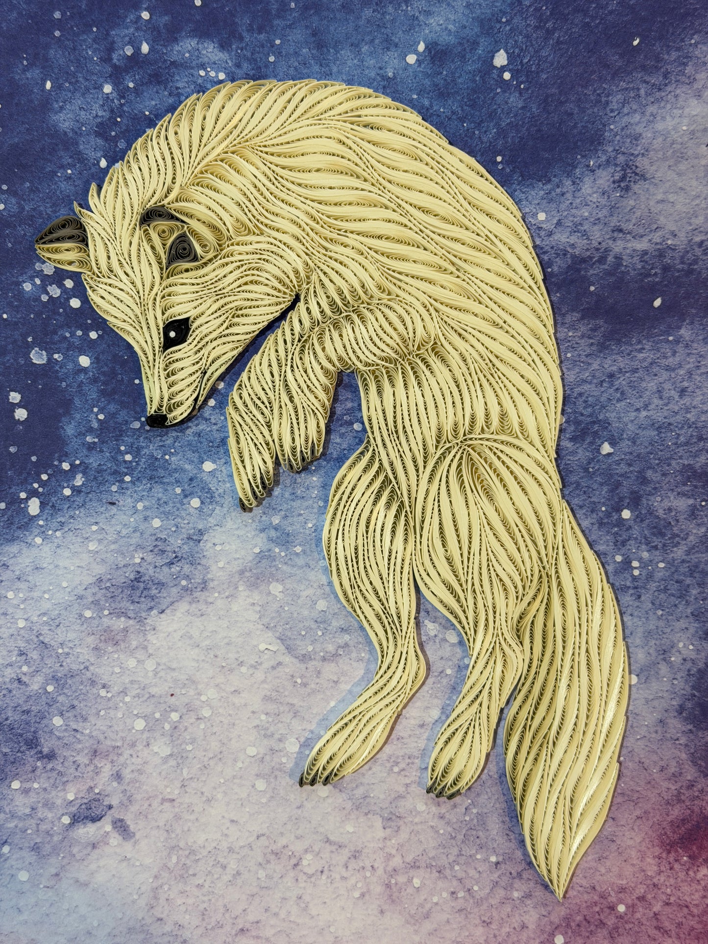 A stylized illustration of a fox in cream and gold linework against a blue and purple watercolor-like background with white speckles.