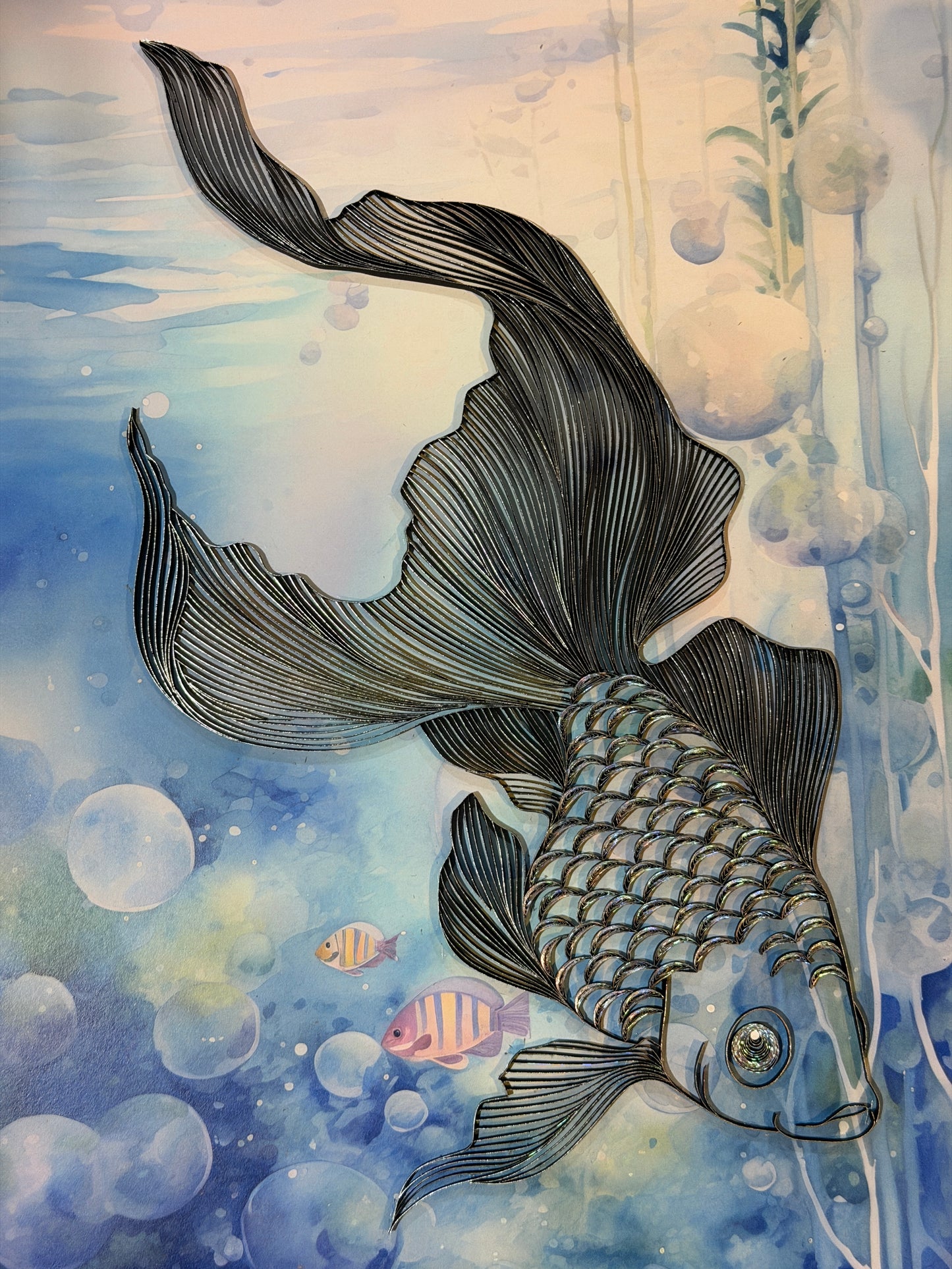 Watercolor and quilling artwork of a large black fish with flowing fins swimming underwater, with smaller striped fish, bubbles, and soft blue water tones in the background.