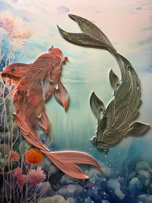 A rectangular art piece featuring two stylized koi fish made from gilded paper, one in rose gold and one in silver, set against a painted underwater background of blue, green, and pink coral.
